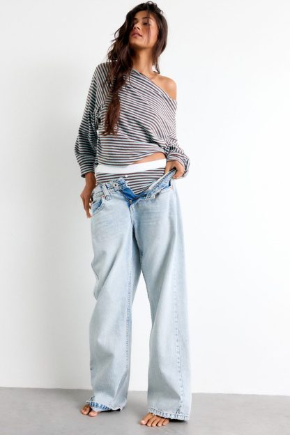 Out From Under All Nighter Striped Off-The-Shoulder Sweatshirt - Blue Stripe