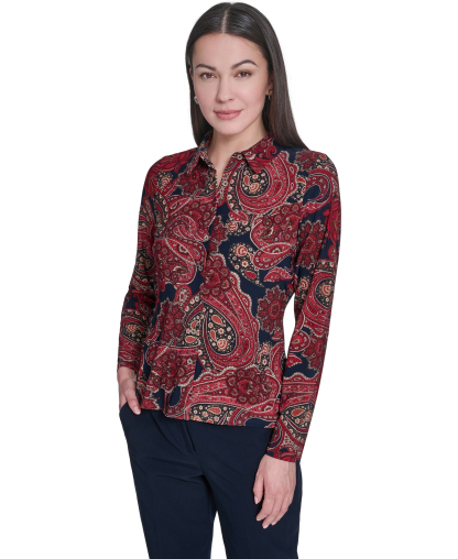 Tommy Hilfiger Women's Long-Sleeve Paisley Print Collared Top - Midnight Multi