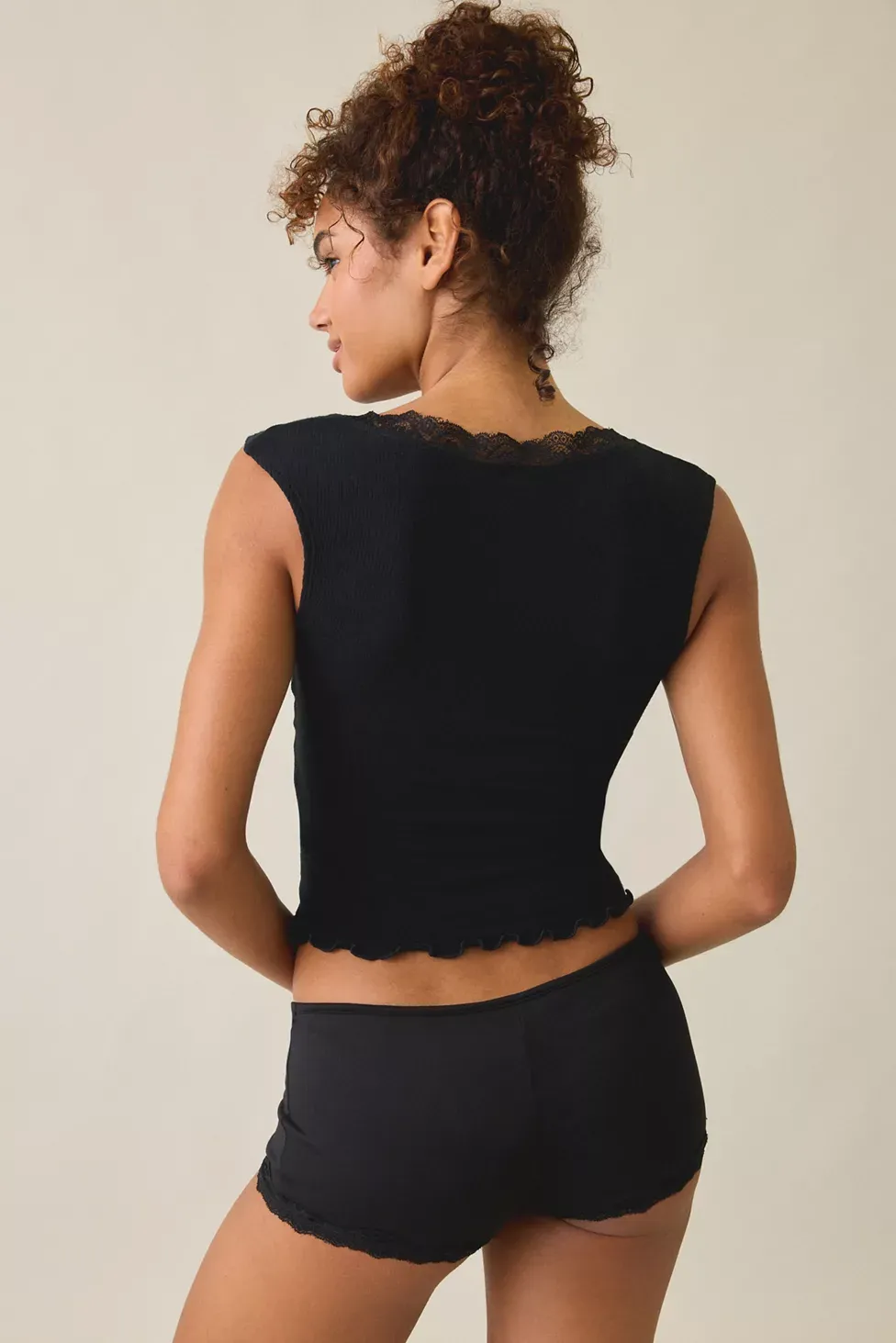 Out From Under Diana Plunging Lace Trim Cap Sleeve Top - Black