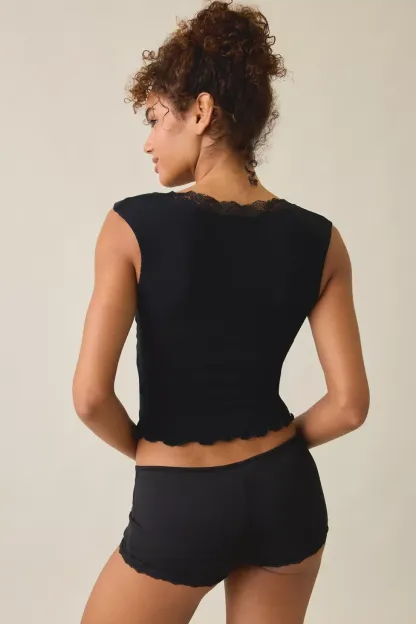 Out From Under Diana Plunging Lace Trim Cap Sleeve Top - Black