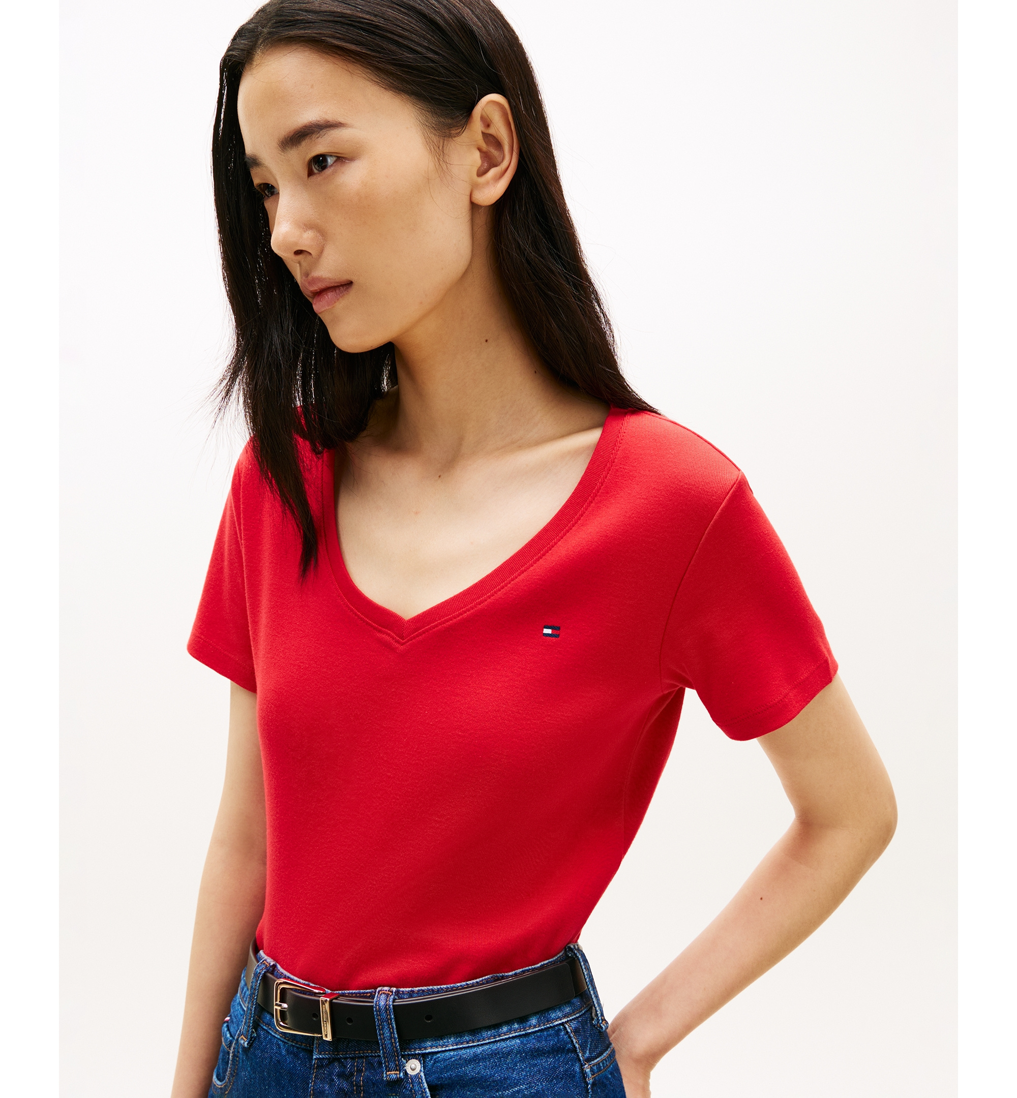 Tommy Hilfiger Women's Rib Slim V-Neck Short-Sleeve T-Shirt - Primary Red
