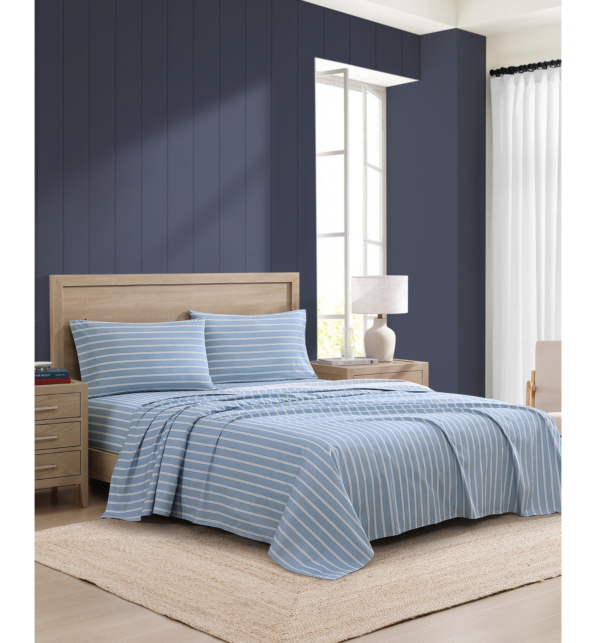 Tommy Hilfiger Printed 200-Thread Count Cotton Percale Sheet Set - Effortless Stripe Blue