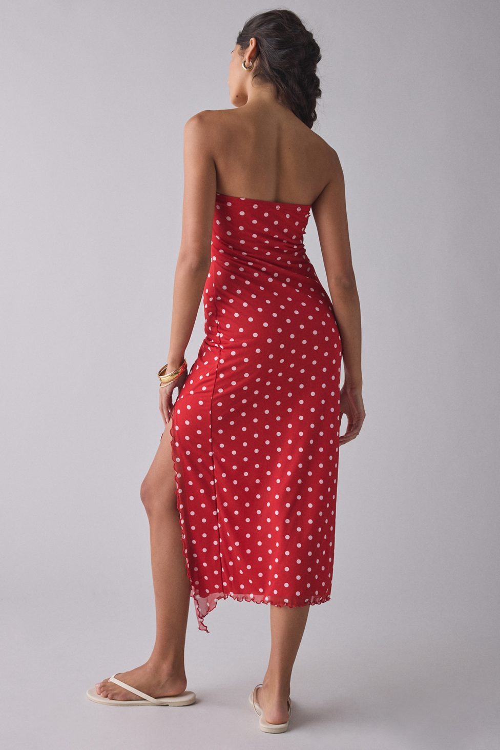 UO Samara Mesh Strapless Midi Dress - Red Polka Dot