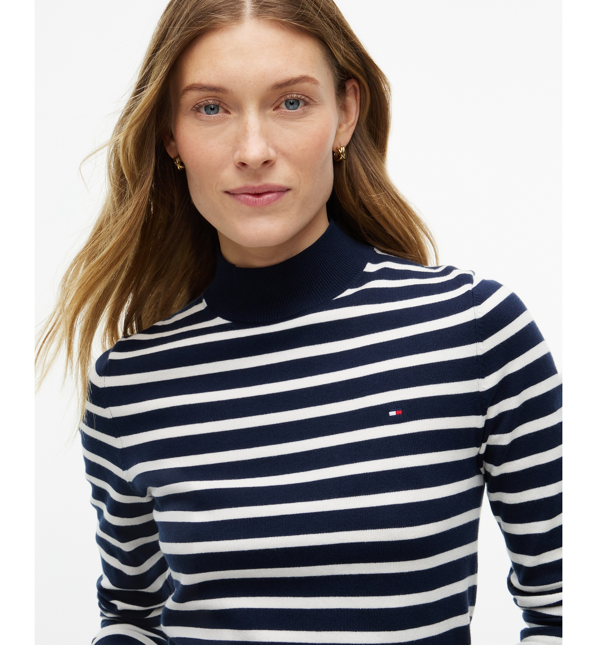 Tommy Hilfiger Women's Mock Neck Long-Sleeve Slim-Fit Sweater - Stripe Dark Blue / Ecru