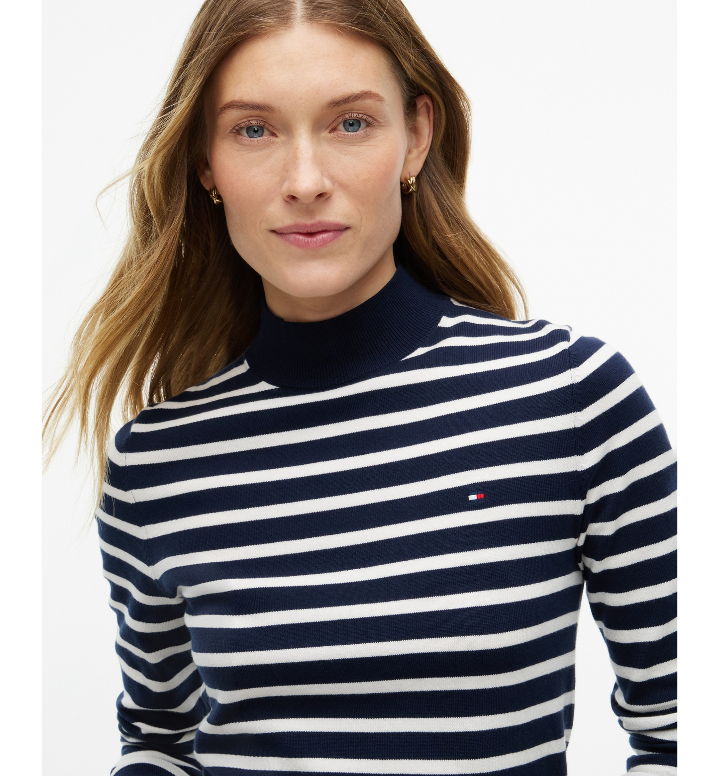 Tommy Hilfiger Women's Mock Neck Long-Sleeve Slim-Fit Sweater - Stripe Dark Blue / Ecru