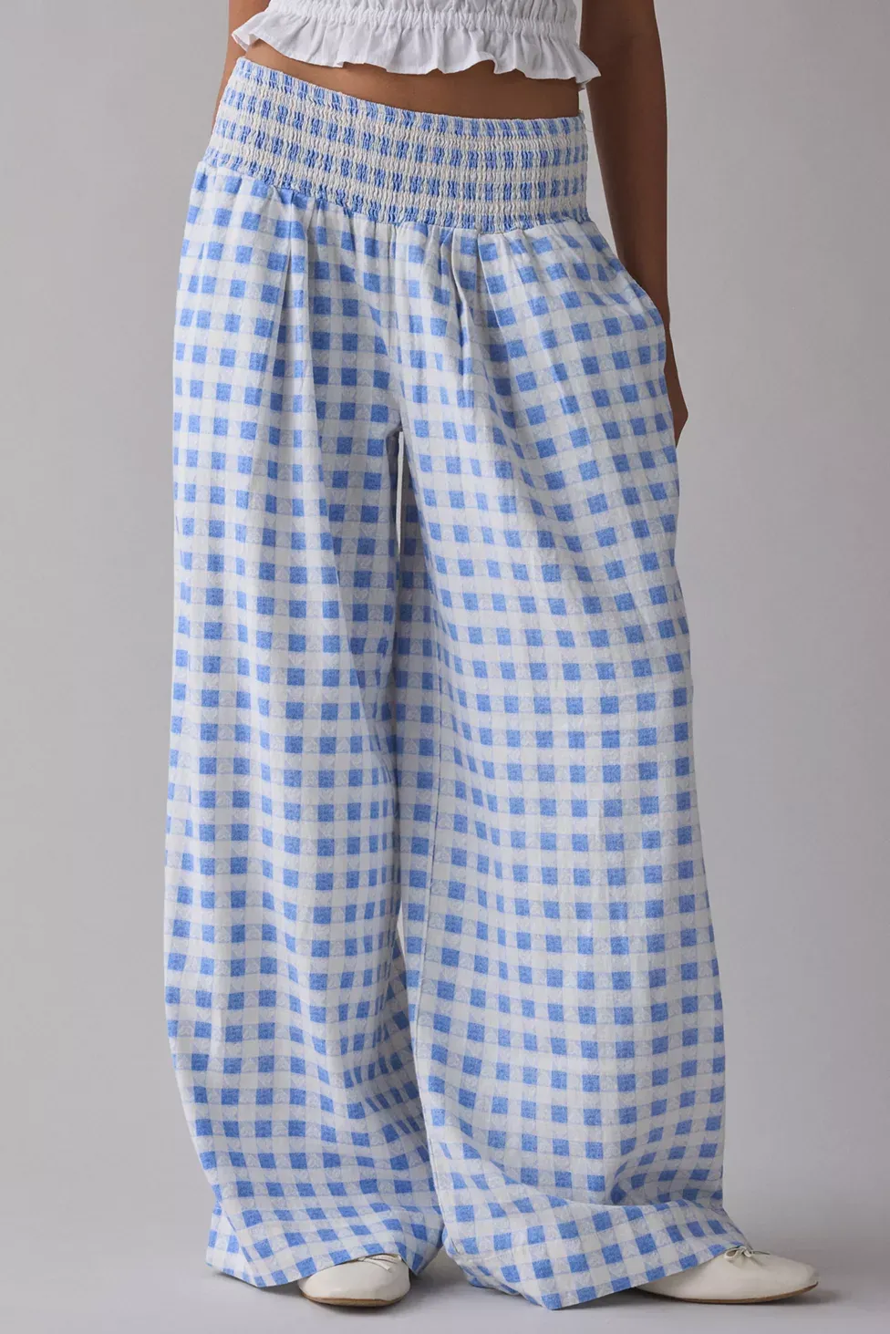 Kimchi Blue Caroline Smocked Wide Leg Linen-Blend Pants - Heart Gingham