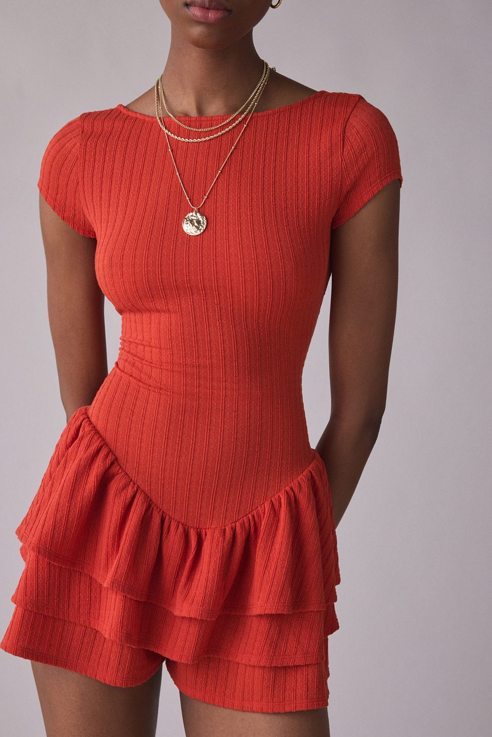 Kimchi Blue Ruffled Up Short Sleeve Romper - Red
