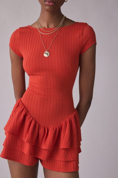 Kimchi Blue Ruffled Up Short Sleeve Romper - Red