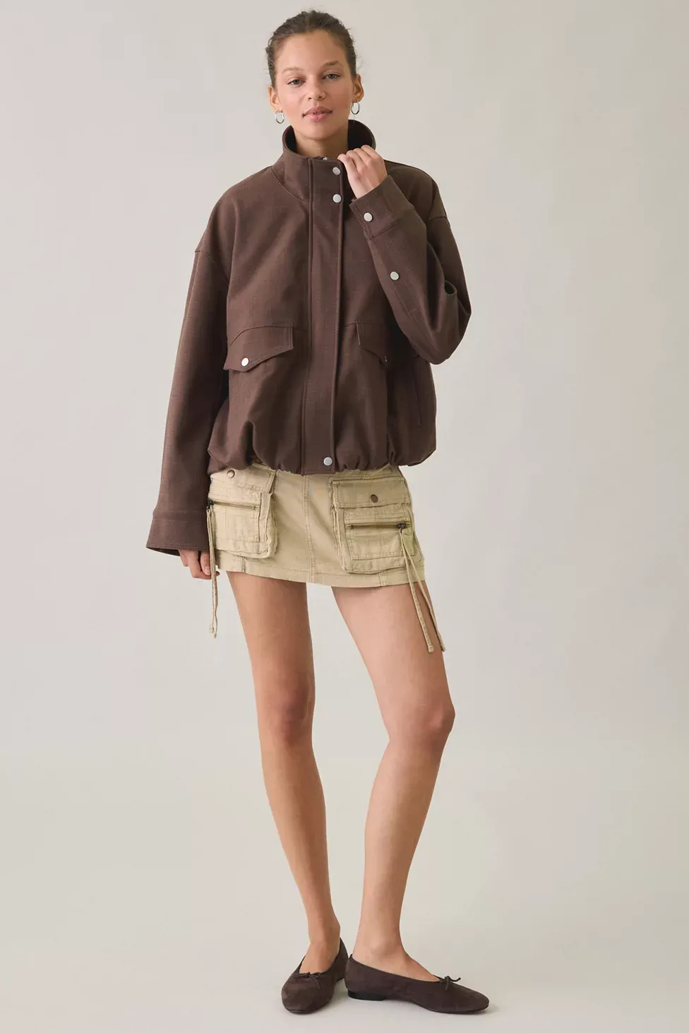 UO Harper Funnel Neck Bomber Jacket - Brown