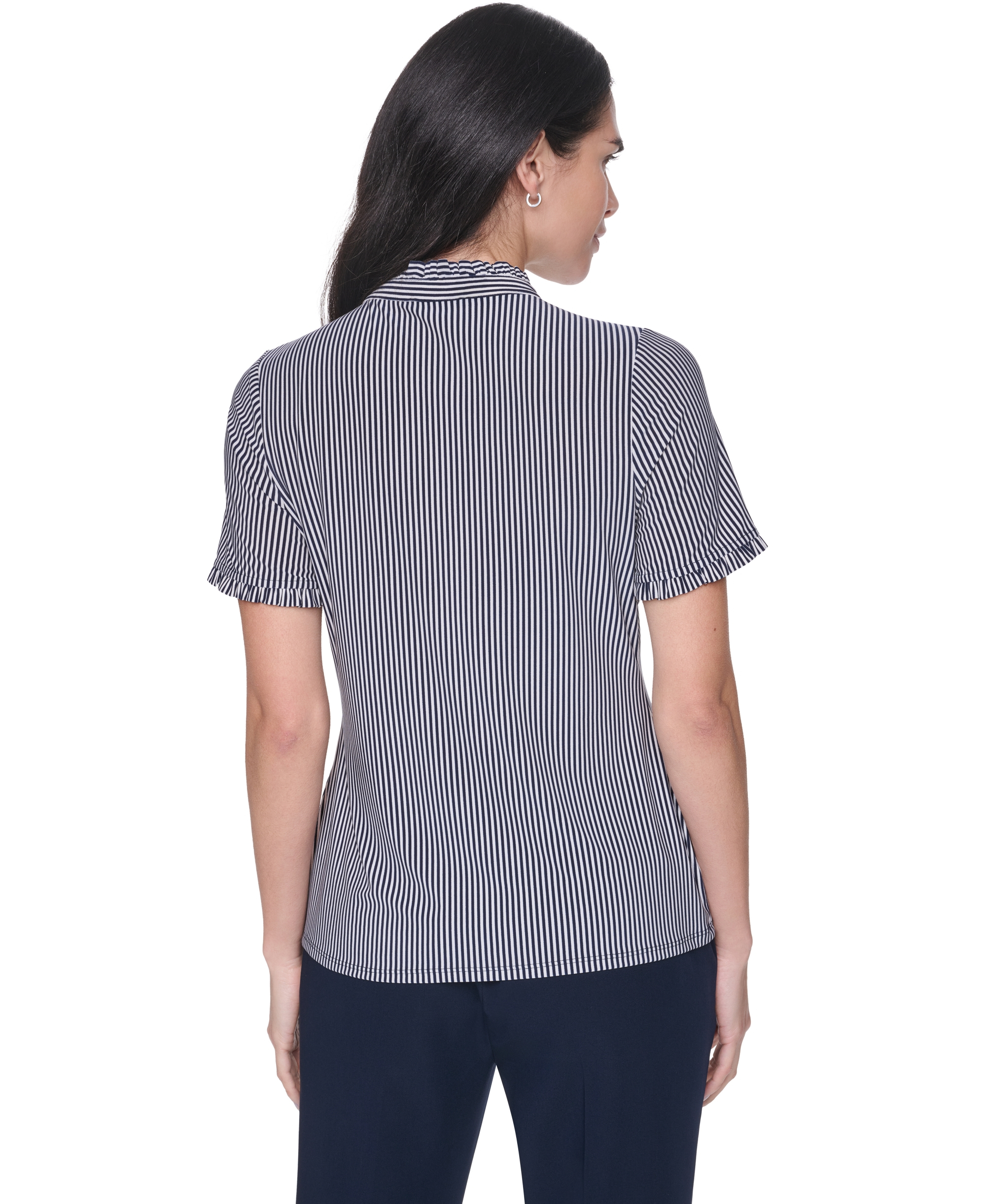 Tommy Hilfiger Women's Short-Sleeve Striped Ruffle Blouse - Midnight/Ivory