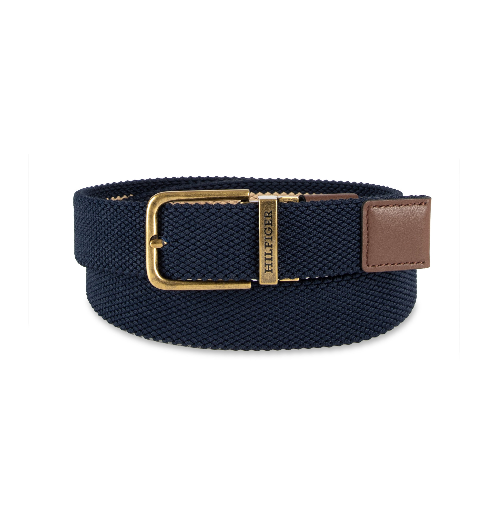 35MM Tommy Hilfiger Men's Two-In-One Reversible Striped Stretch Cord Belt - Tan/Navy
