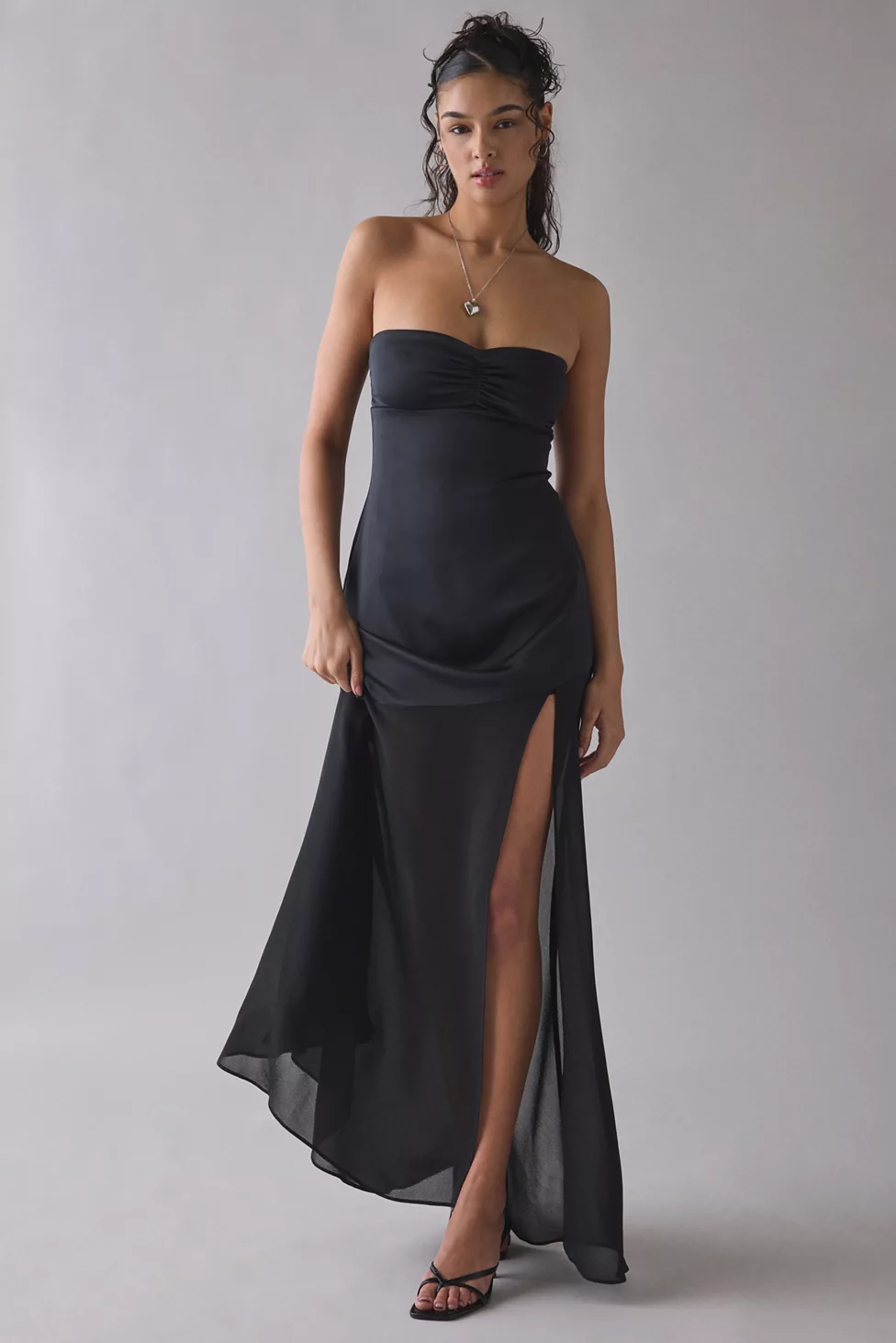 UO Sky High Sheer Illusion Asymmetric Maxi Dress - Black