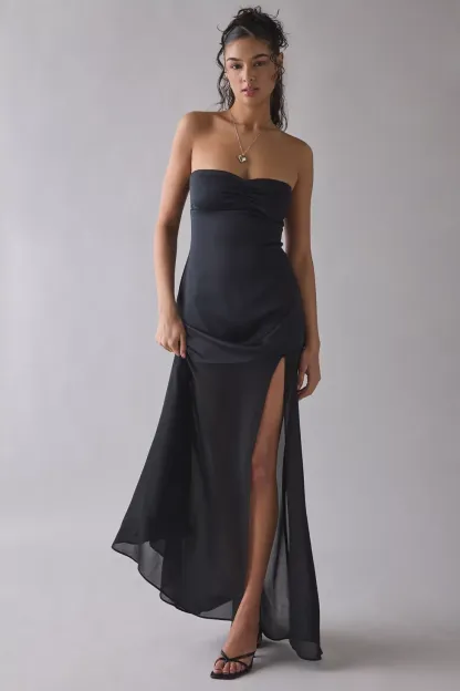 UO Sky High Sheer Illusion Asymmetric Maxi Dress - Black