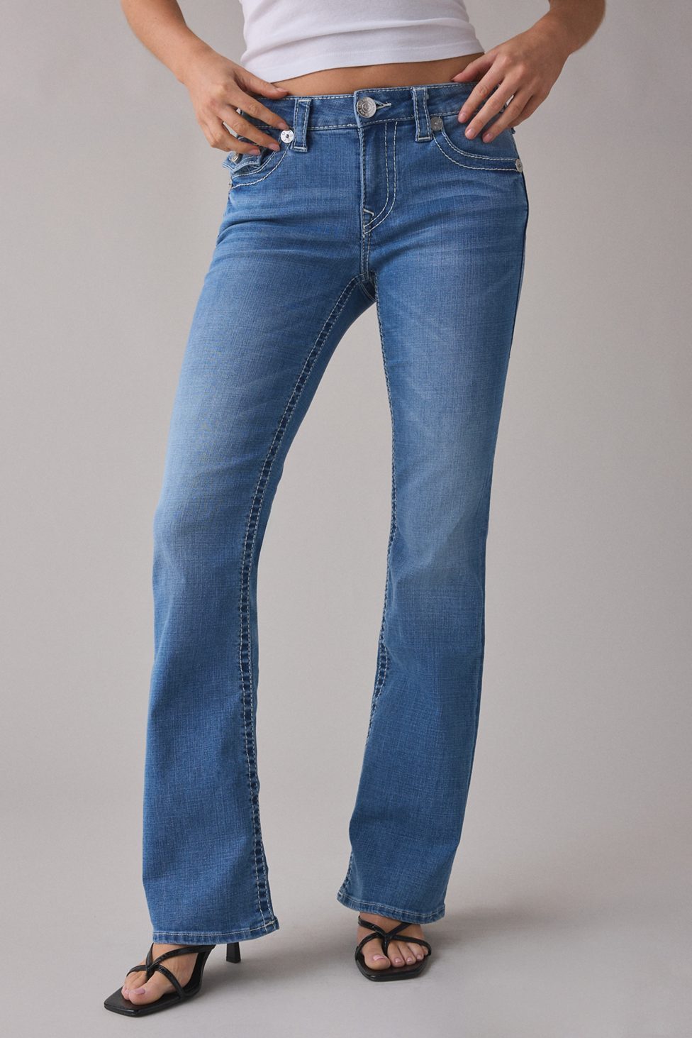 True Religion Becca Tattoo Big T Flap Mid-Rise Bootcut Jeans - Tinted Denim