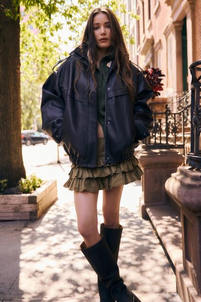 Azalea Wang UO Exclusive Narelle Oversized Faux Leather Bomber Jacket - Brown Faux Leather
