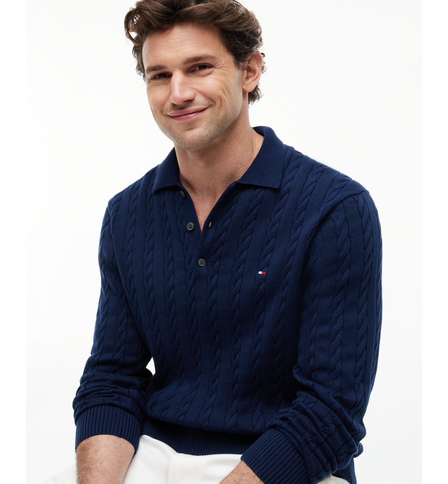 Tommy Hilfiger Men's Classic Cotton Cable-Knit Regular-Fit Sweater Polo - Navy Blue