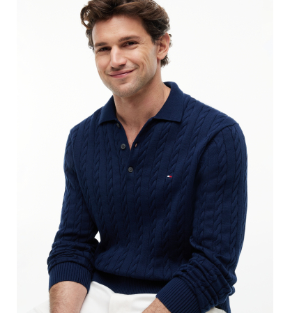 Tommy Hilfiger Men's Classic Cotton Cable-Knit Regular-Fit Sweater Polo - Navy Blue