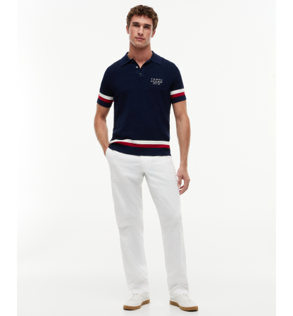 Tommy Hilfiger Men's Textured Red, White and Blue Short-Sleeve Sweater Polo - Carbon Navy