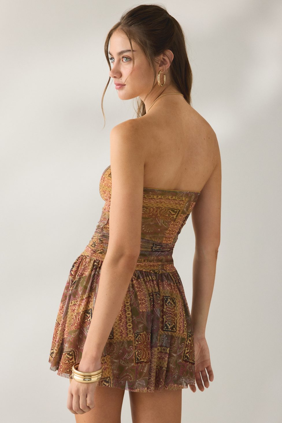 UO Modern Mesh Basque Waist Strapless Mini Dress - Gold