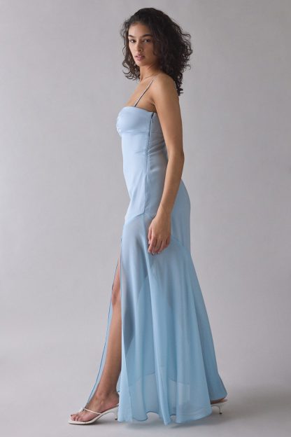 UO Sky High Sheer Illusion Asymmetric Maxi Dress - Light Blue