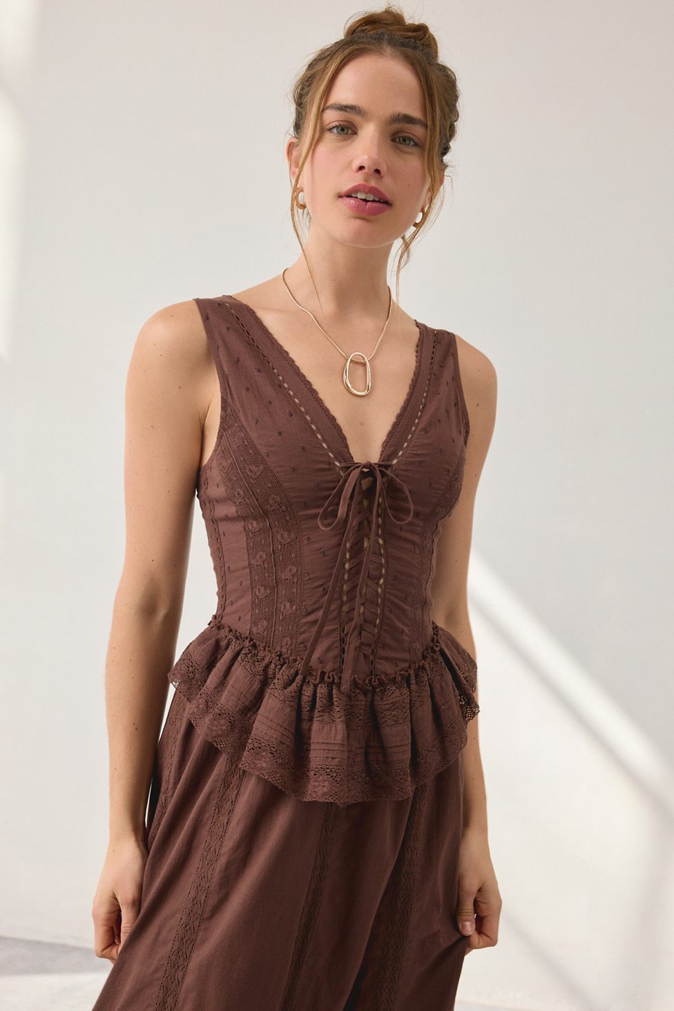 UO Perfectly Victorian Lace Trim Corset Midi Dress - Brown