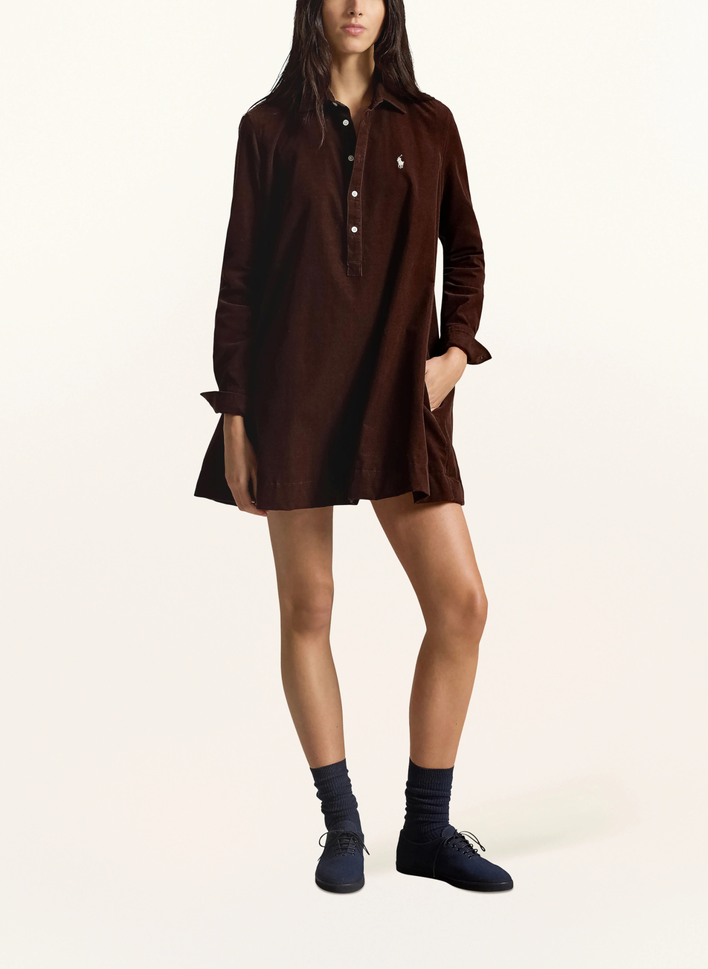 POLO RALPH LAUREN Hemdblusenkleid aus Cord – DUNKELBRAUN / ECRU