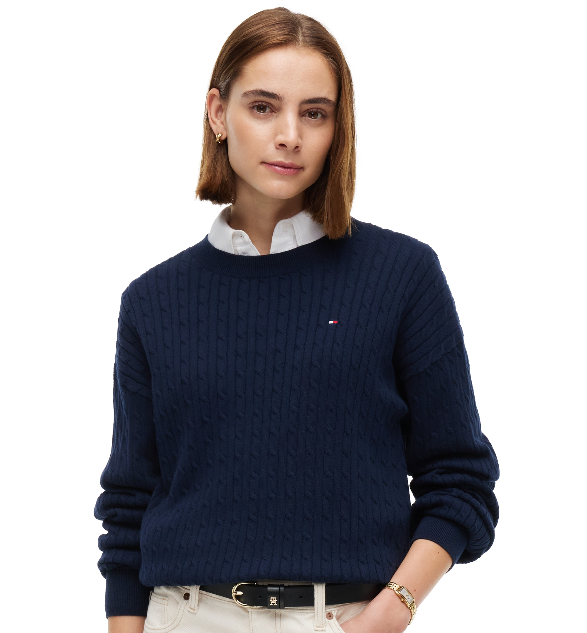 Tommy Hilfiger Women's Fine Gauge Cable-Knit Crewneck Sweater - Dark Blue