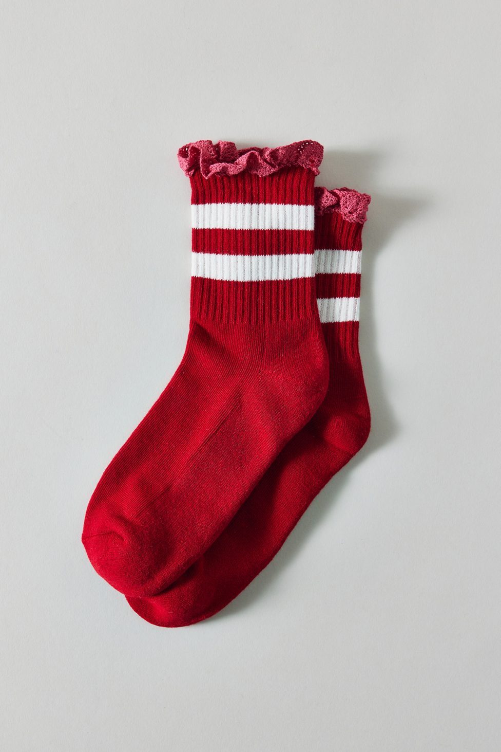 Lace-Trim Striped Athletic Socks - Red + White Stripes