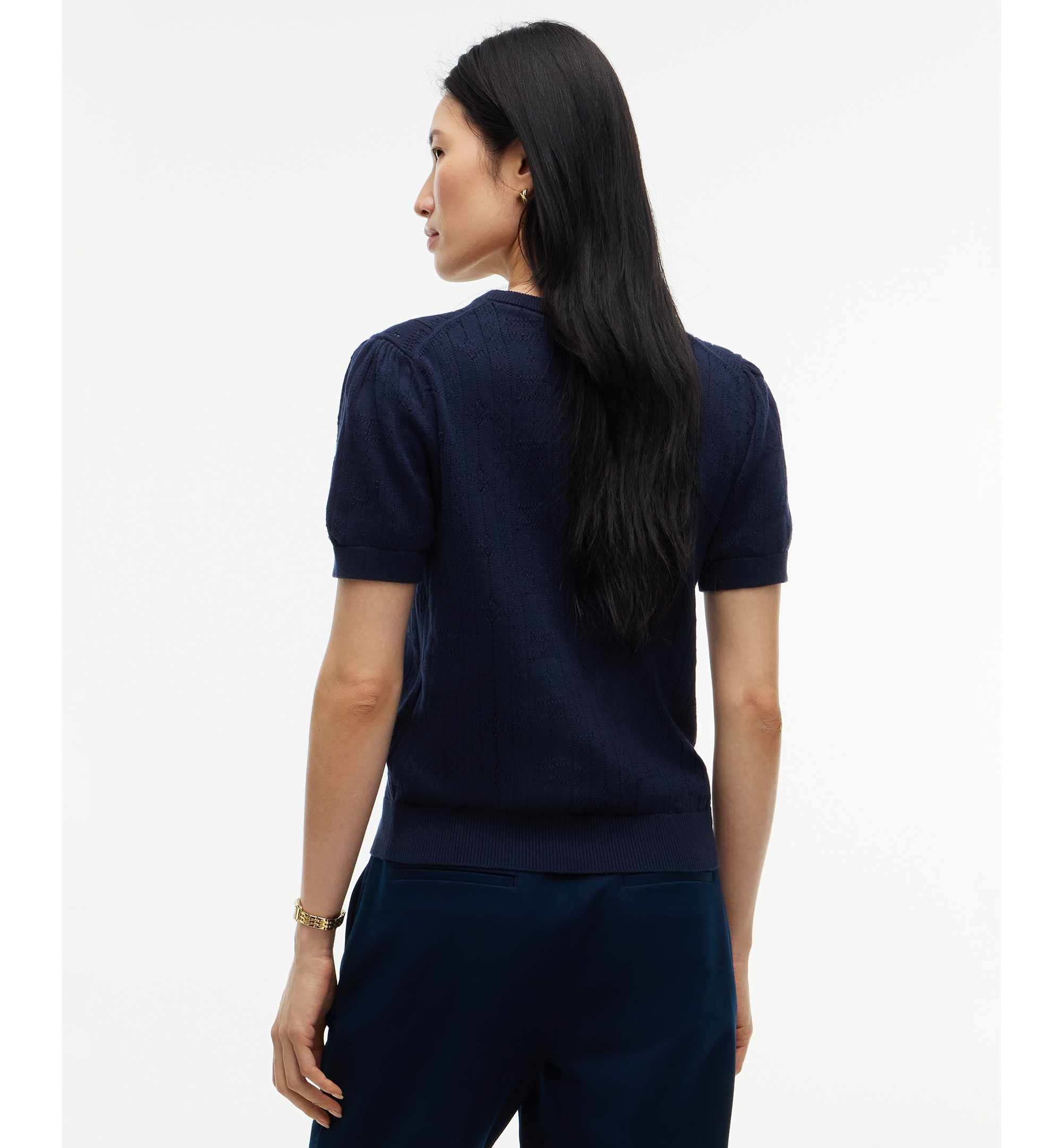 Tommy Hilfiger Women's Pointelle Puff-Sleeve Sweater - Dark Blue