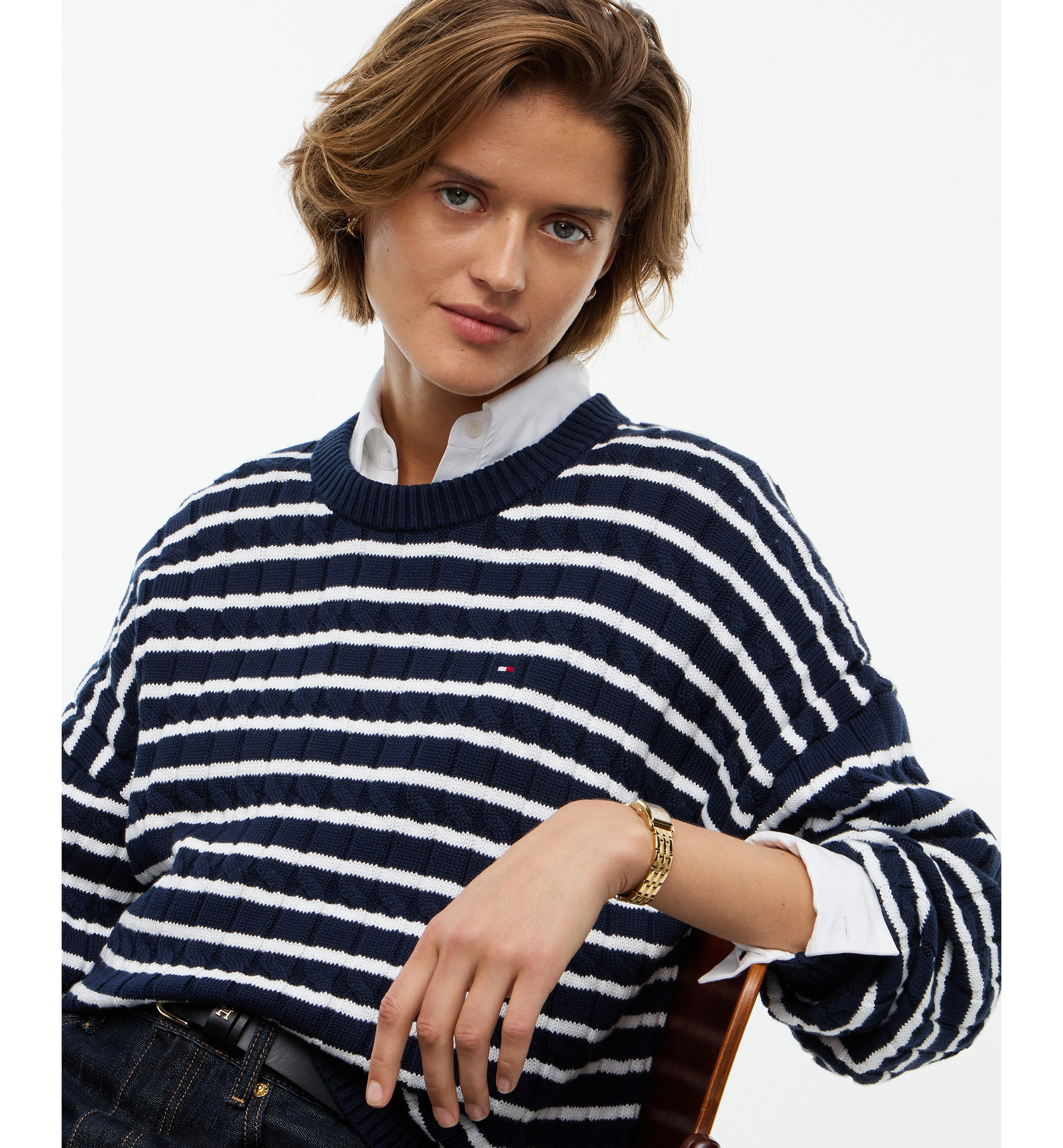 Tommy Hilfiger Women's Cable-Knit Crewneck Sweater - Breton Stp Dark Blue Ecru