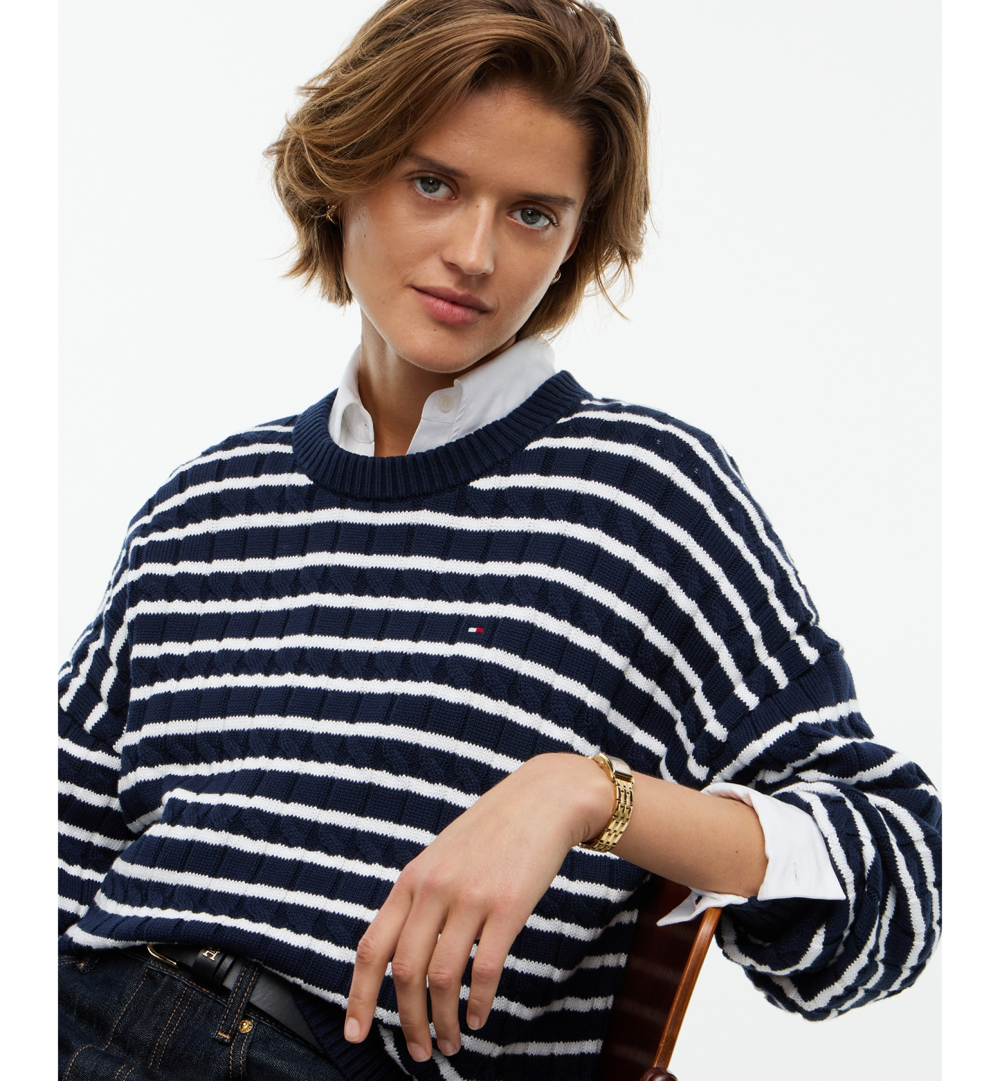 Tommy Hilfiger Women's Cable-Knit Crewneck Sweater - Breton Stp Dark Blue Ecru
