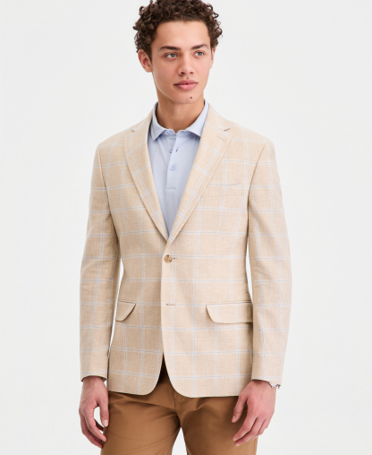 Tommy Hilfiger Men's Modern-Fit Linen-Blend Windowpane Sport Coat - Tan/blue