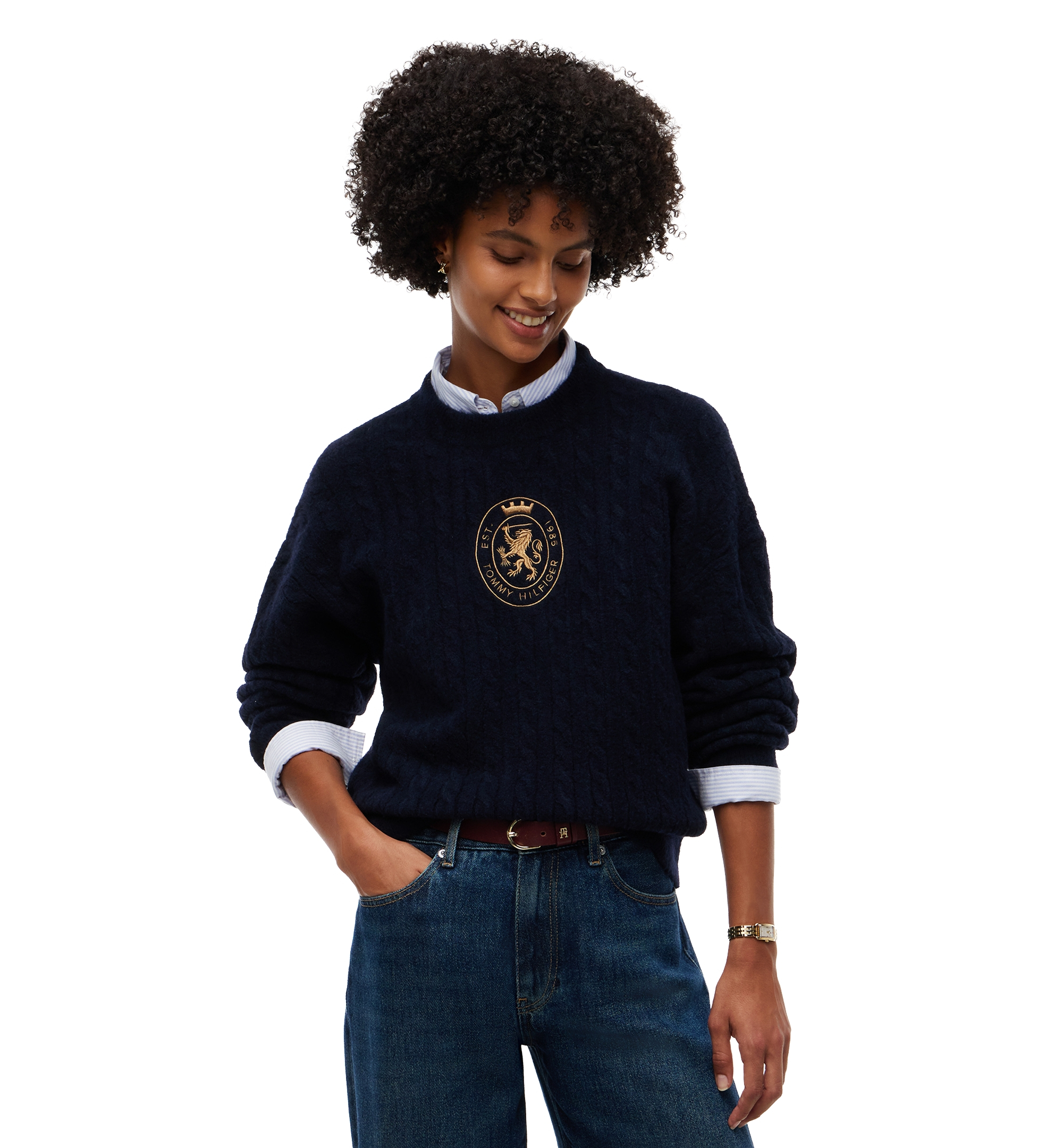 Tommy Hilfiger Women's Cable-Knit Crewneck Embroidered Crest Sweater - Dark Blue