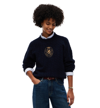 Tommy Hilfiger Women's Cable-Knit Crewneck Embroidered Crest Sweater - Dark Blue