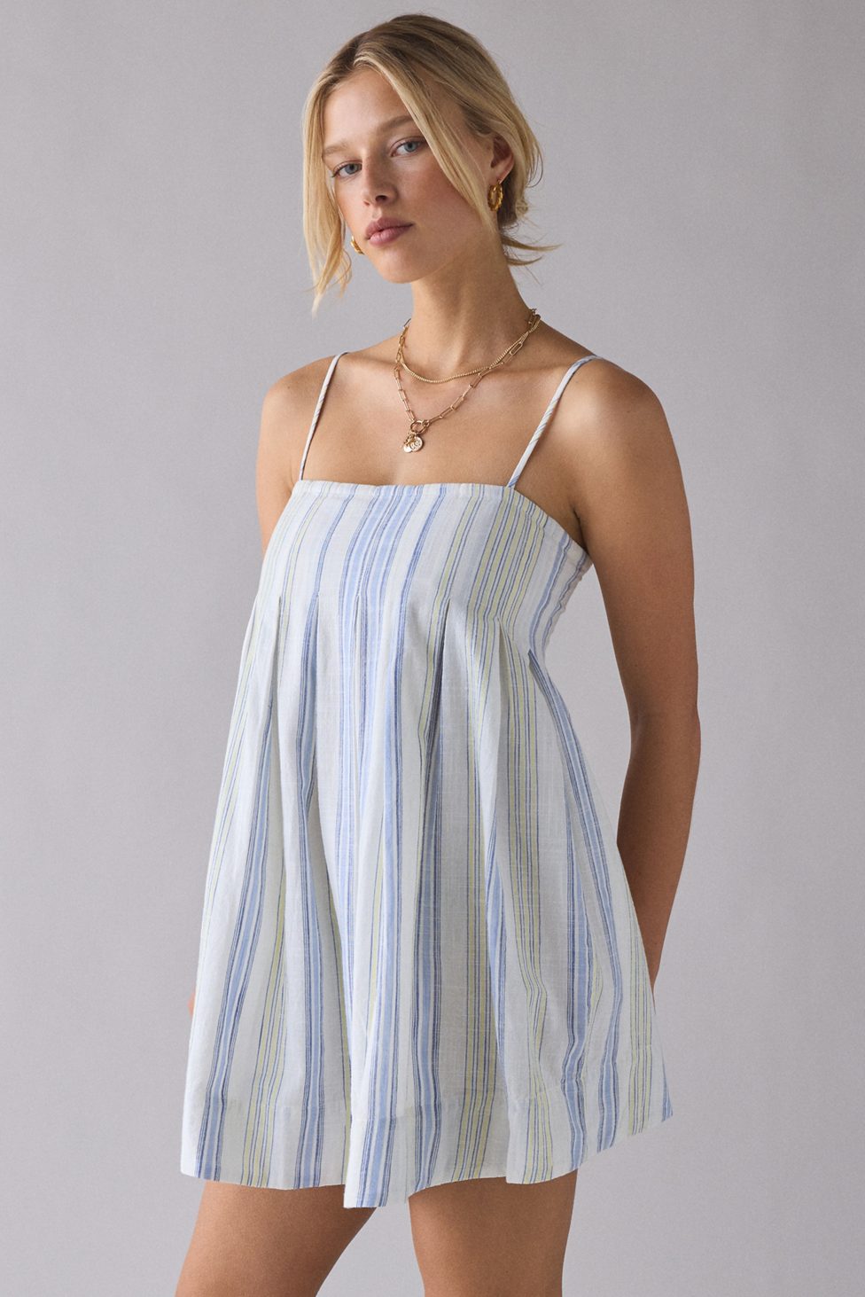 Kimchi Blue Smooth Sailing Pleated Flounce Babydoll Mini Dress - Blue Stripe