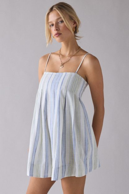Kimchi Blue Smooth Sailing Pleated Flounce Babydoll Mini Dress - Blue Stripe