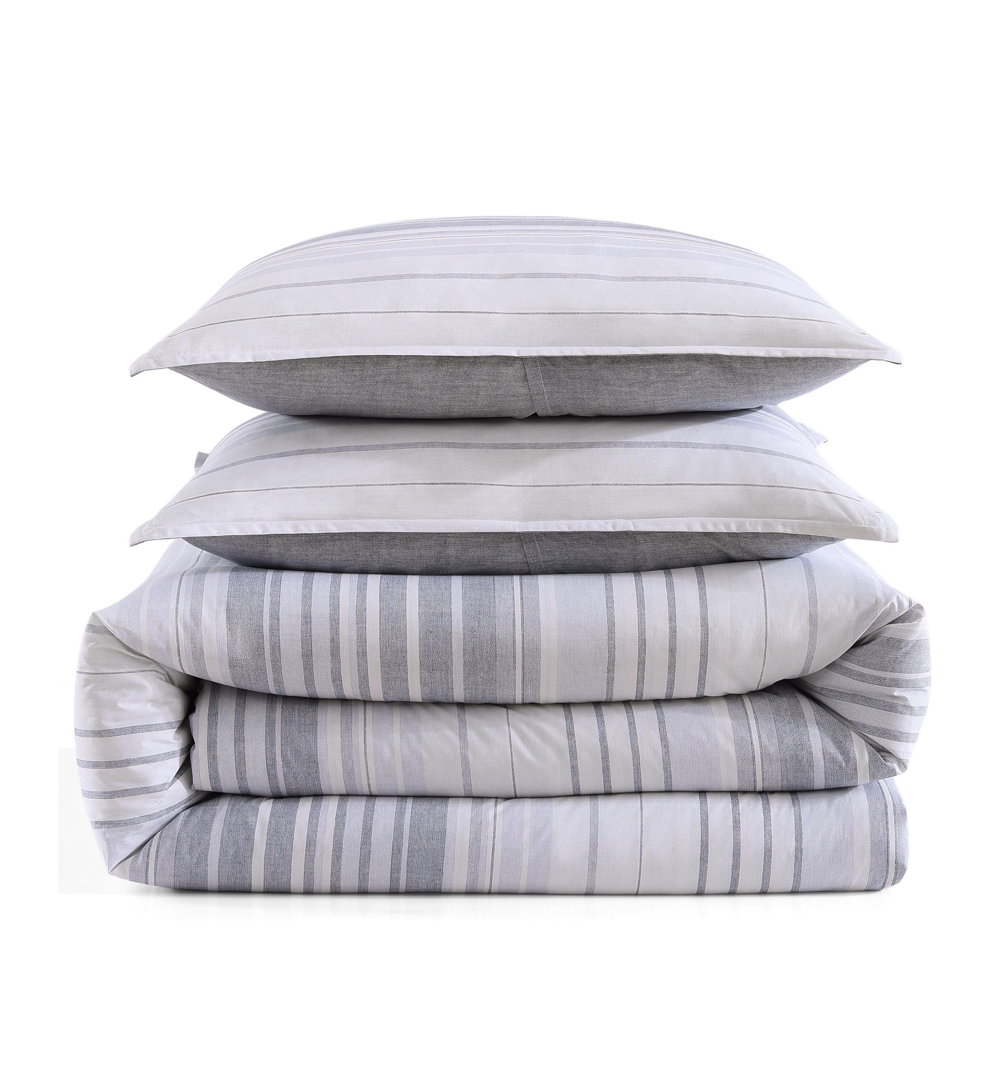 Tommy Hilfiger Bold Stripe Textured Cotton Duvet Cover Set - White, Soft Gray