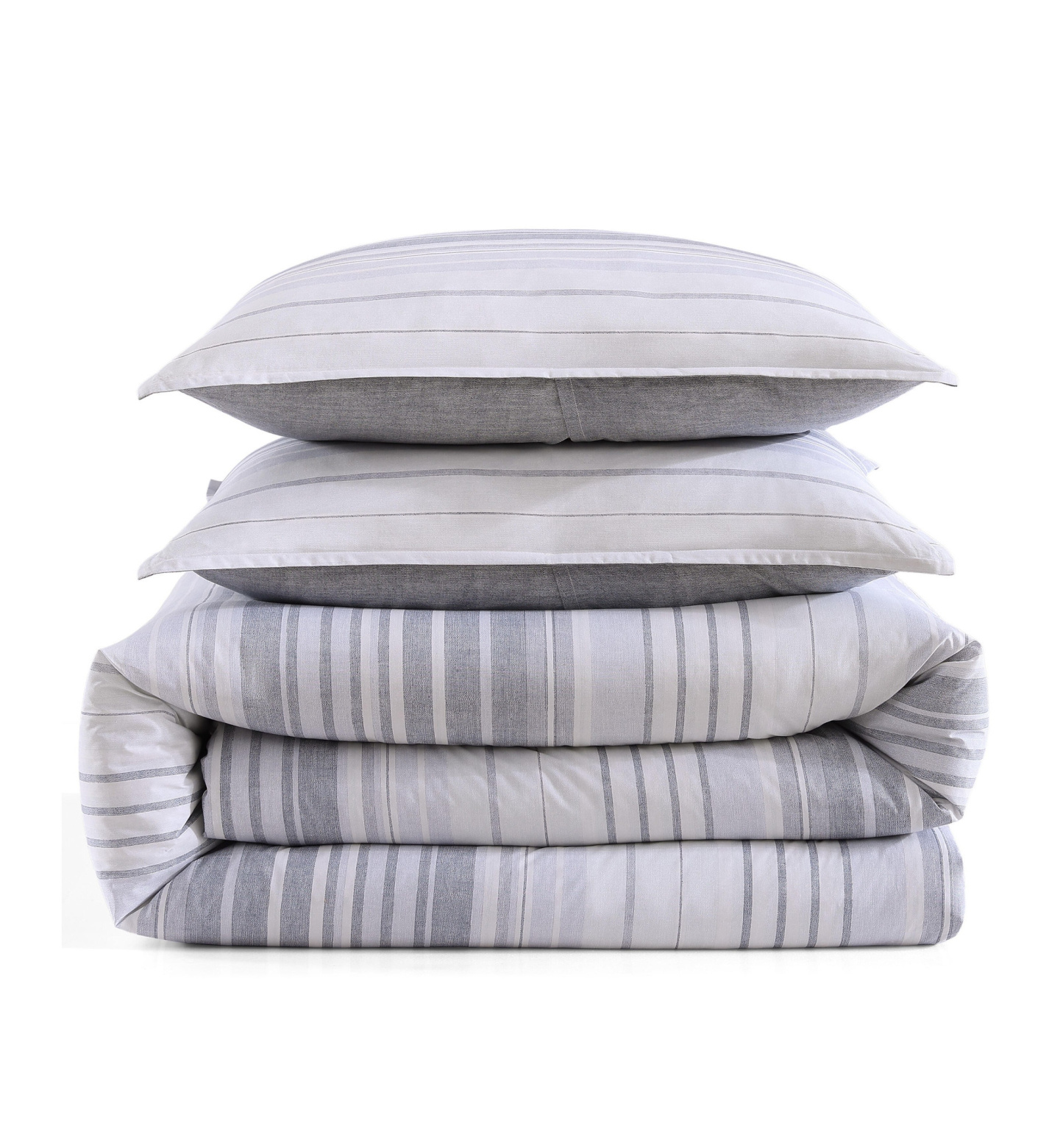 Tommy Hilfiger Bold Stripe Textured Cotton Duvet Cover Set - White, Soft Gray