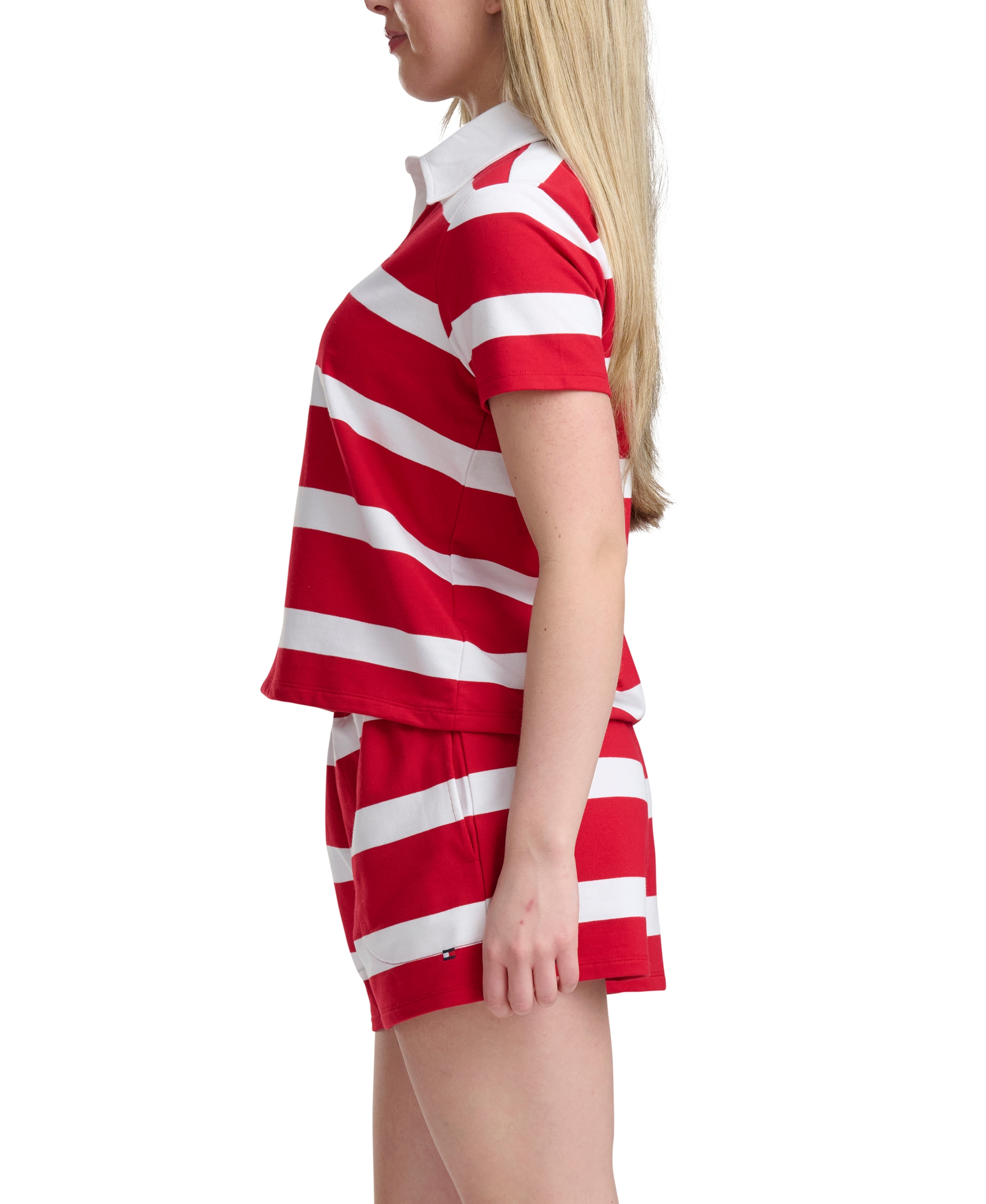 Tommy Hilfiger Women's Rugby Short-Sleeve Polo Top and Boxer Shorts, 2-Piece Set - Tango Red