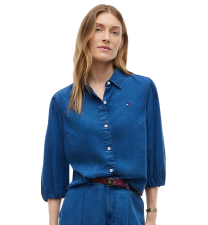 Tommy Hilfiger Women's Chambray Puff-Sleeve Button-Front Shirt - Mid Blue