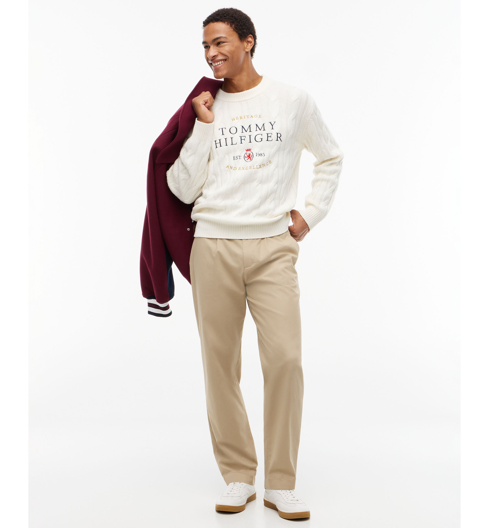 Tommy Hilfiger Men's American Icons Cable-Knit Graphic Crewneck Lambswool Sweater, Macy’s Exclusive - Ivory