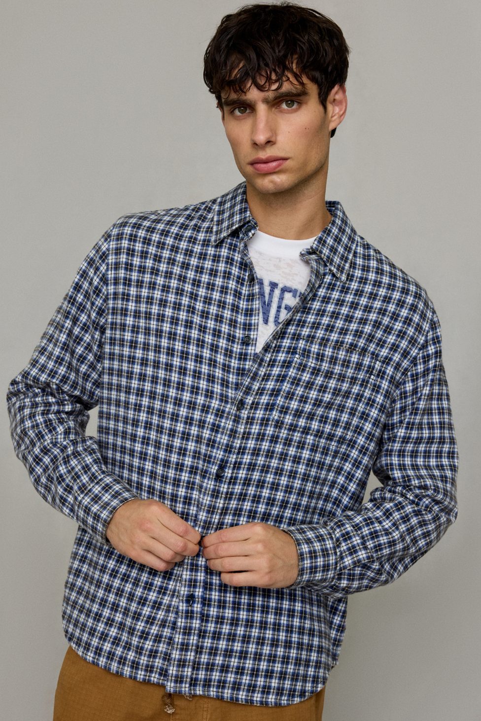 BDG Baggy Flannel Long Sleeve Shirt - Navy