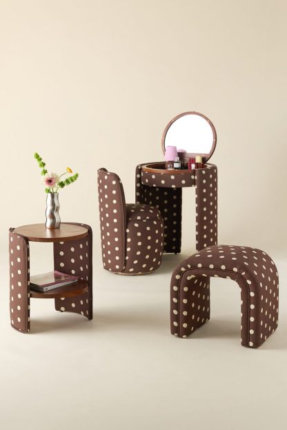 Jane Upholstered Vanity & Stool Set - Brown/Ivory Polka Dot