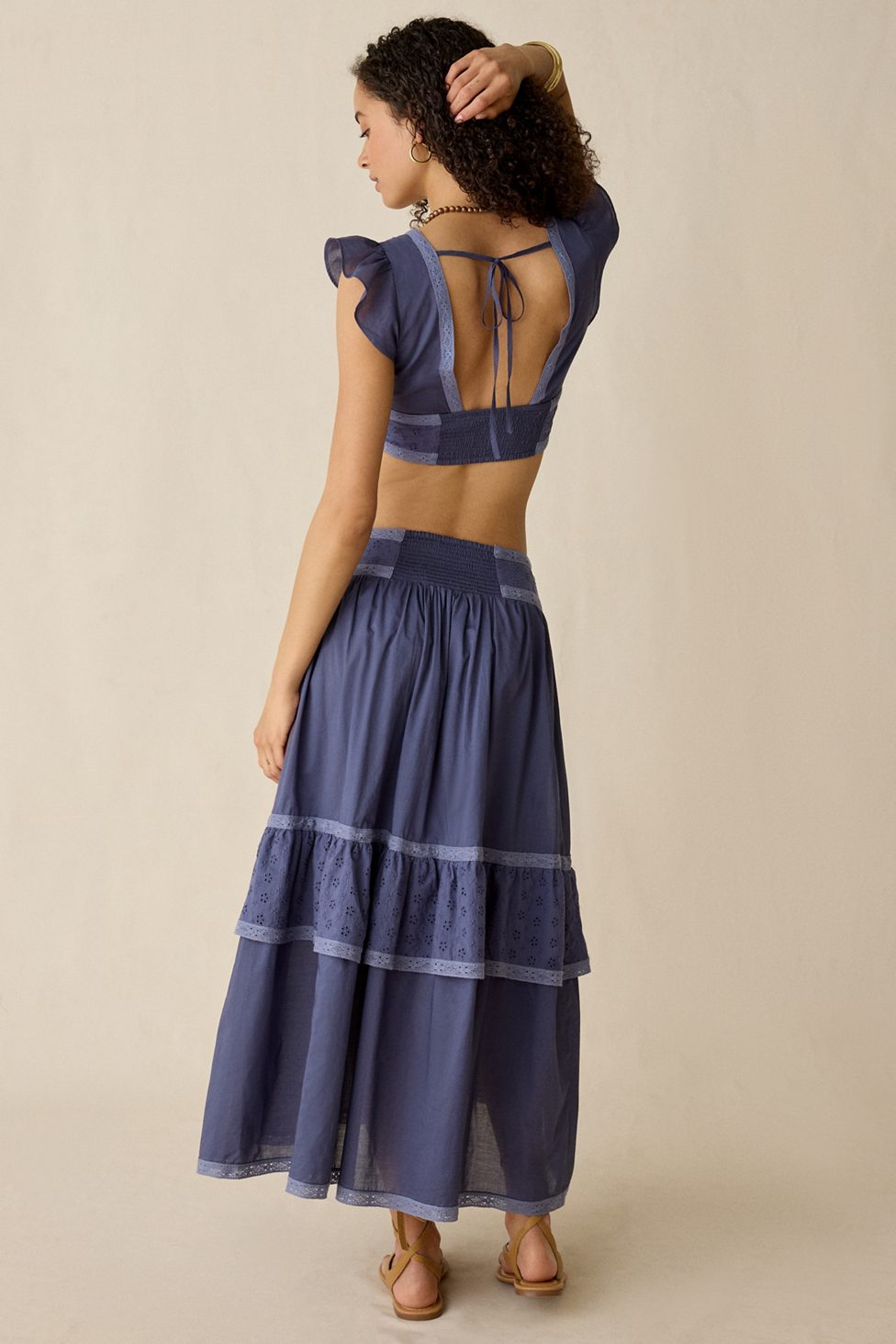 Kimchi Blue Seaside Splash Ruffle Lace Trim Midi Skirt 2-Piece Set - Navy