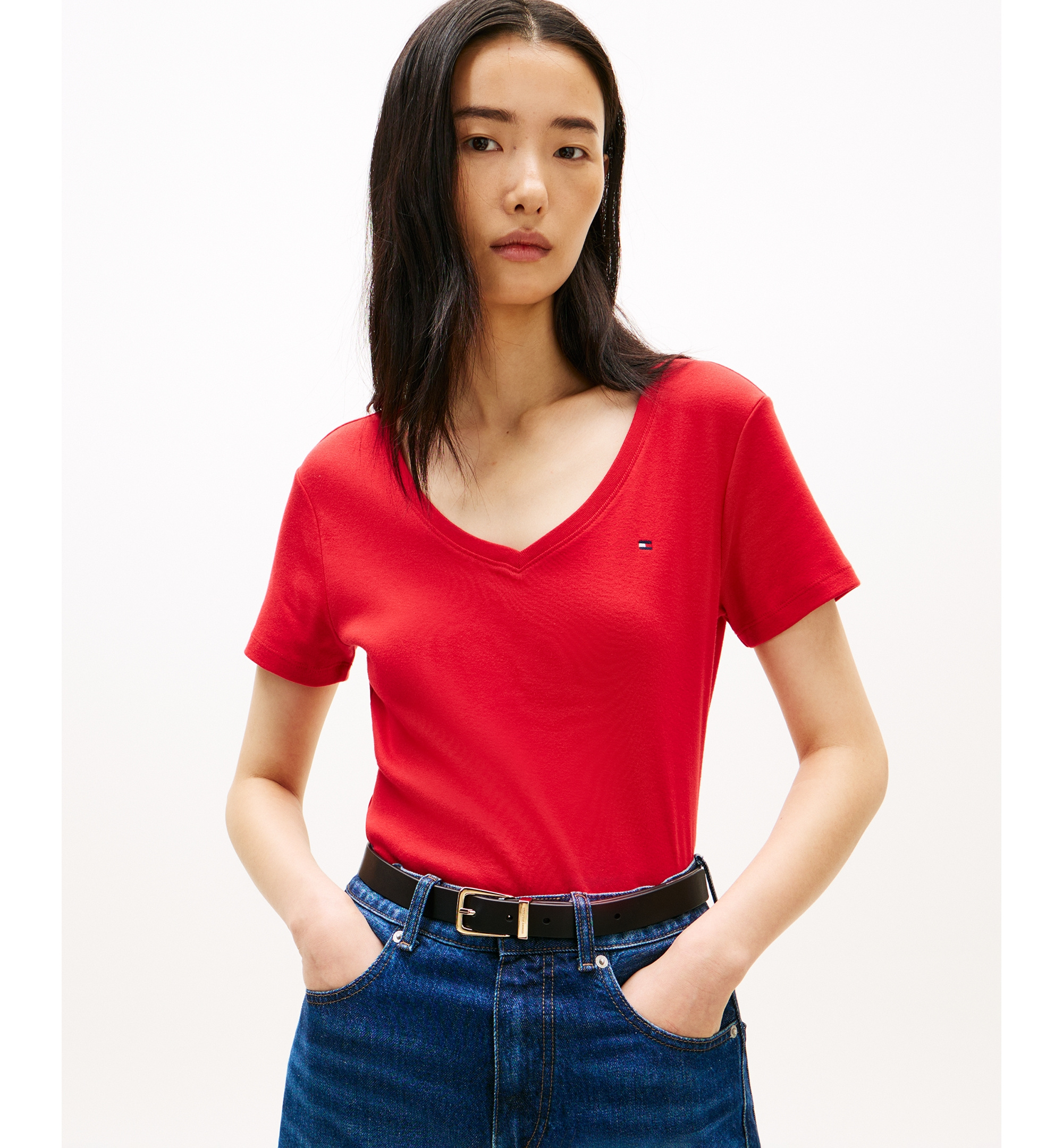 Tommy Hilfiger Women's Rib Slim V-Neck Short-Sleeve T-Shirt - Primary Red