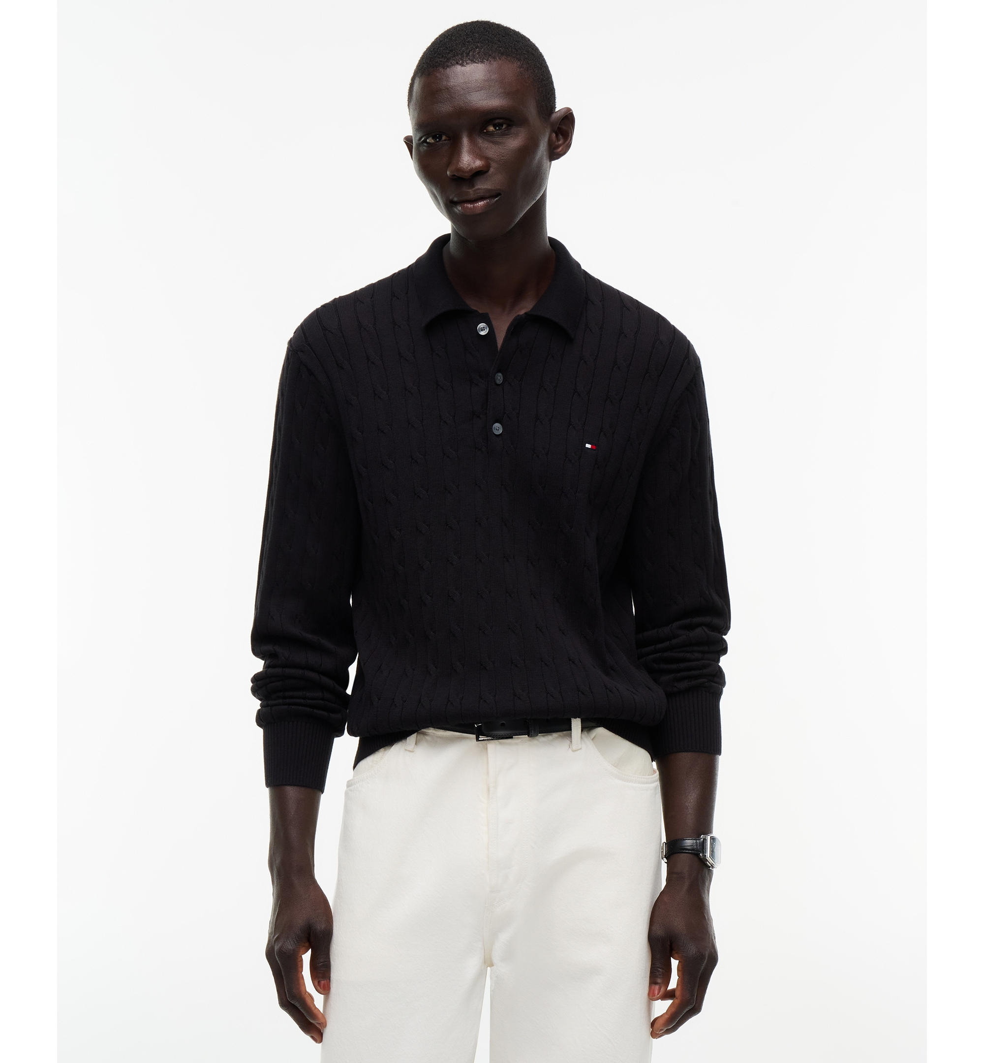 Tommy Hilfiger Men's Classic Cotton Cable-Knit Regular-Fit Sweater Polo - Black
