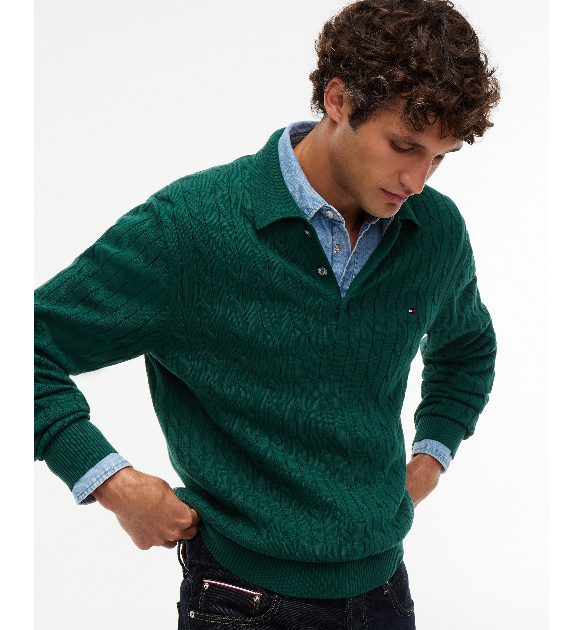 Tommy Hilfiger Men's Classic Cotton Cable-Knit Regular-Fit Sweater Polo - Ivory Petal