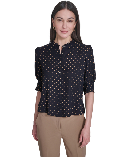 Tommy Hilfiger Women's Collared Ruffle Neck Blouse - Midnight/Tobacco Brown