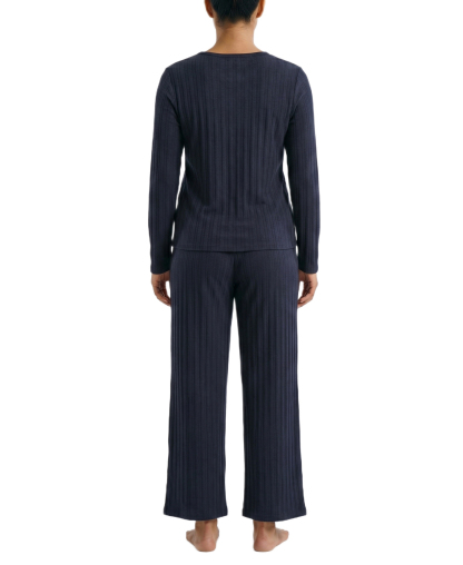 Tommy Hilfiger Women's Long-Sleeve Wide-Leg Cable-Jacquard Henley Top and Pant, 2-Piece Pajama Set - Sky Captain