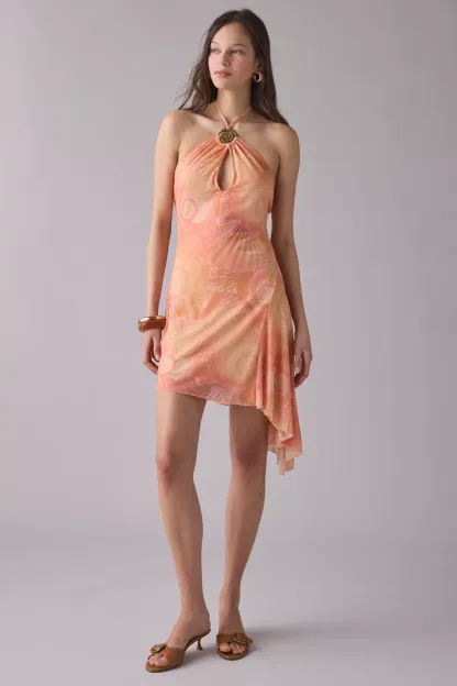 UO Shore Thing Swirl O-Ring Halter Neck Mini Dress - Orange Multi